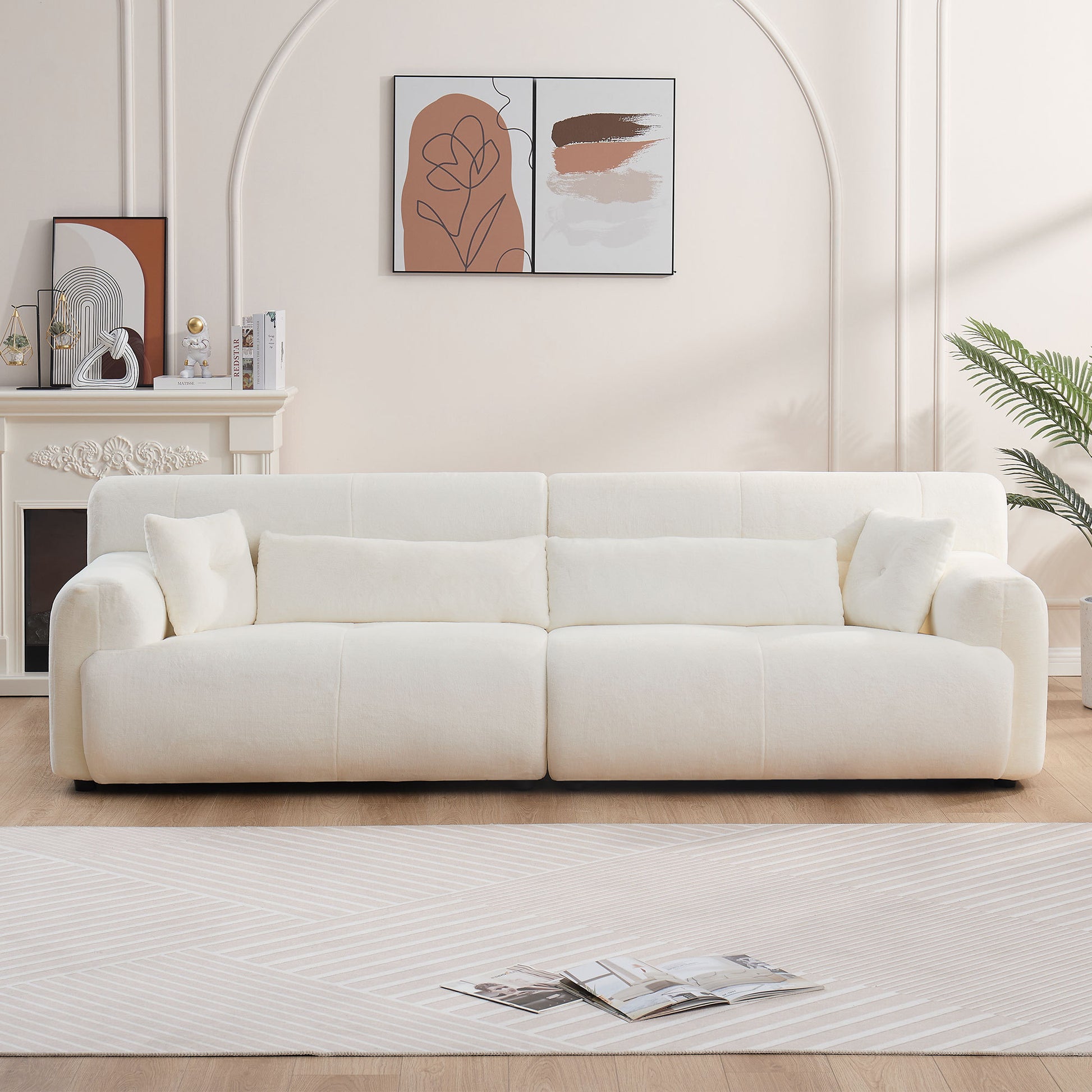 Uma 111" Modern Thick Faux Rabbit Sofa, Beige