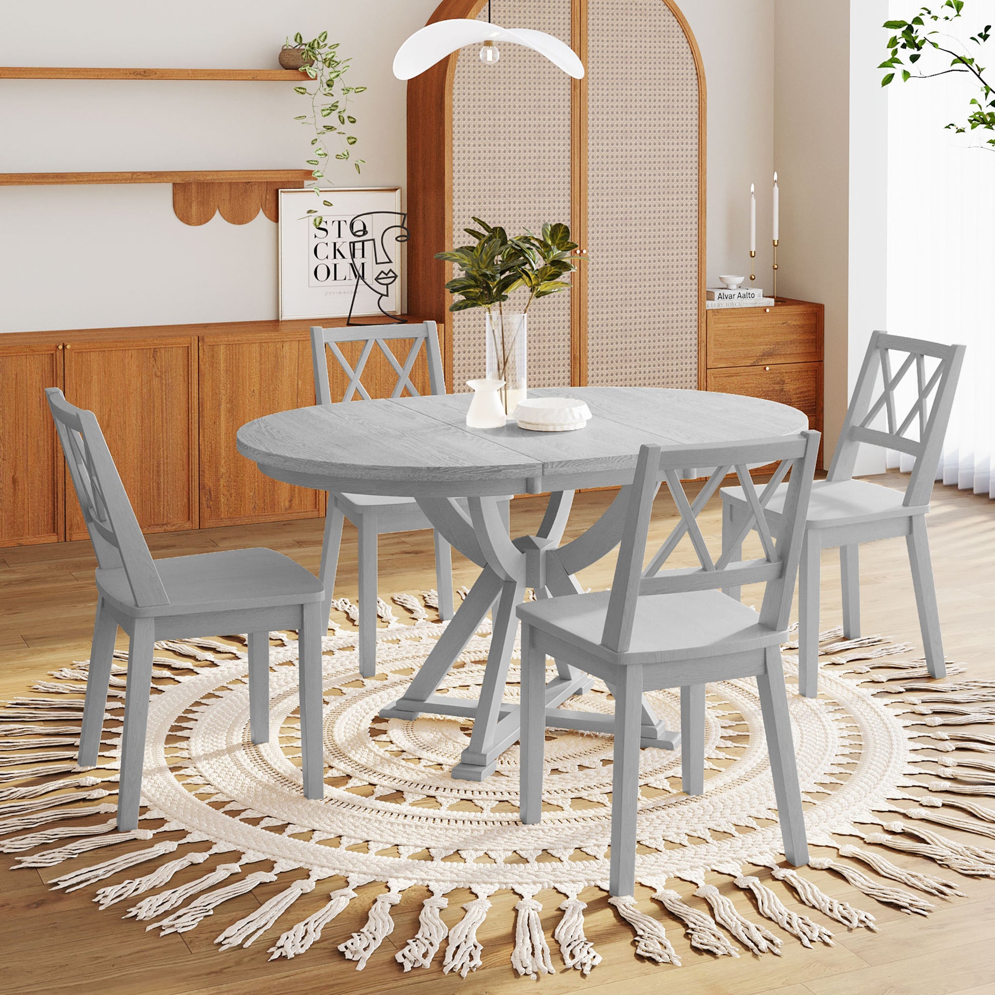 Franklin Mid-Century Modern Oval Dining Set with Cross Back Chairs, Gray