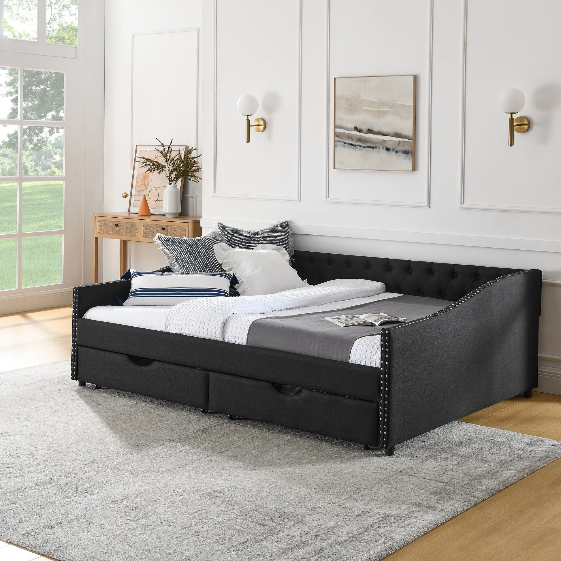 Lior Queen Size Tufted Linen Daybed with Drawers, Black