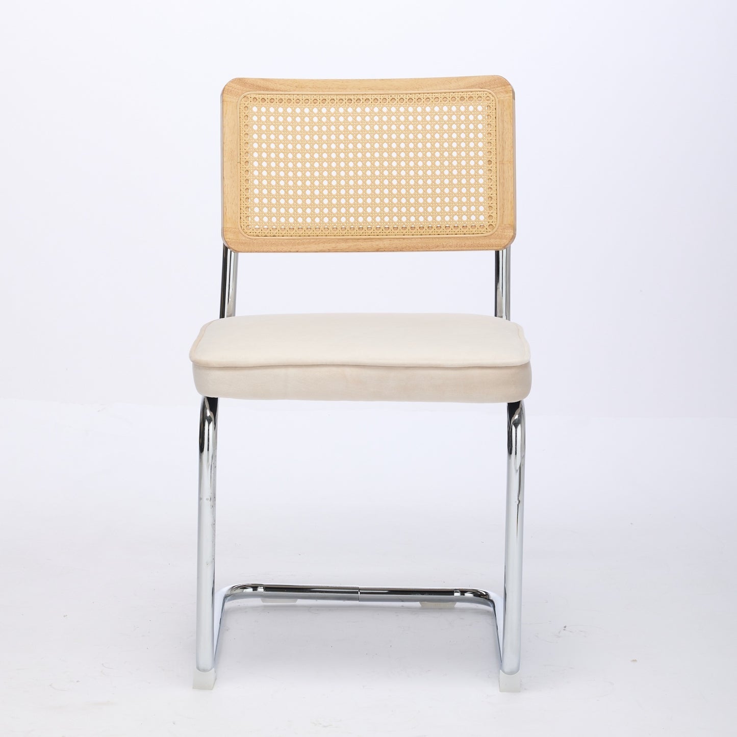 Matilda Mid-Century Modern Side Chairs with Rattan Back & Velvet Seat Set of 2 Beige