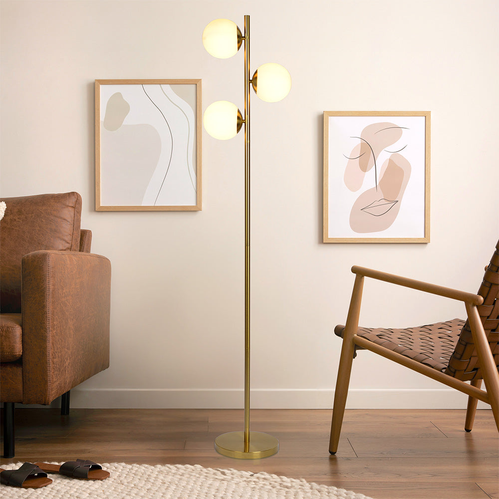 Brilliance Modern Gold Brush Floor Lamp, Opal Glass Shades and Round Metal Base