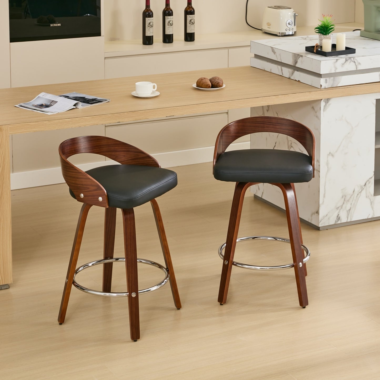 Sienna Black Swivel Bar Stools with Low Back and Soft Cushion Seat, 25-Inch Height - Set of 2