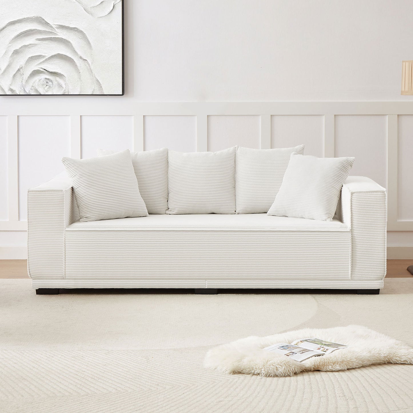 Magnus 88.97inch Corduroy Sofa with 5 Matching Toss Pillows, Off White