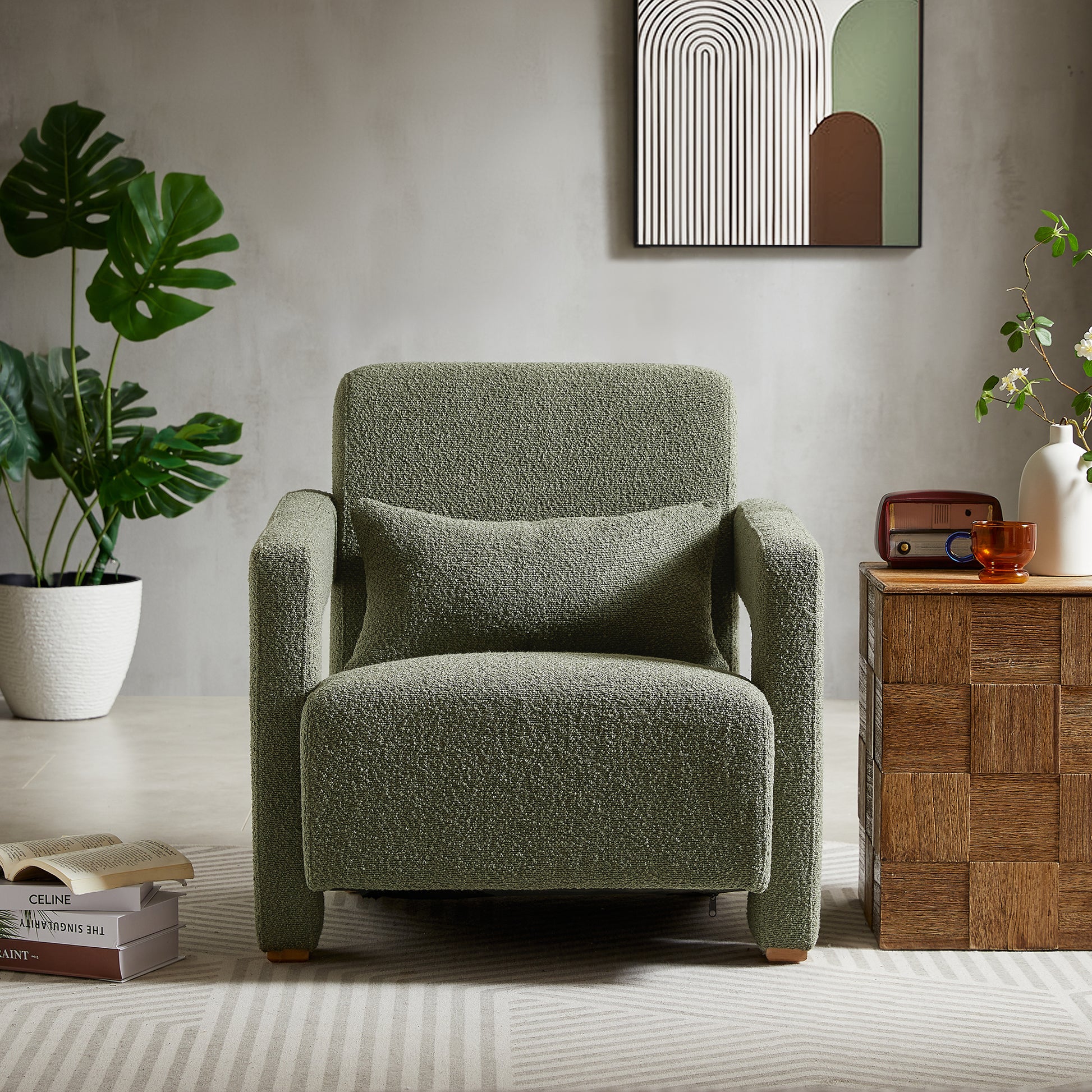 Axel Mid-Century Modern Boucle Arm Chair with Lumbar Pillow, Green