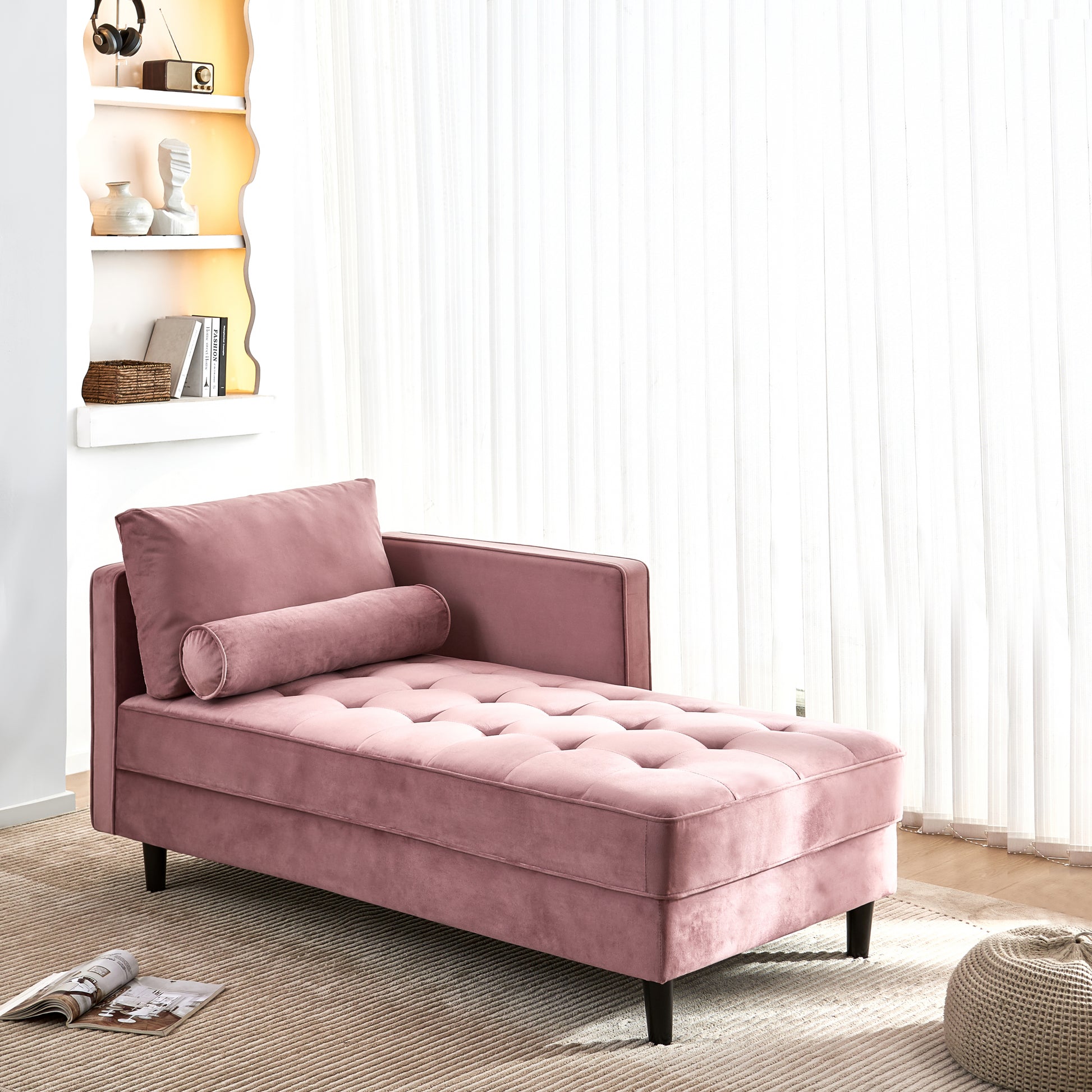 Leocadia Mid-Century Modern Velvet Chaise Lounge, Pink