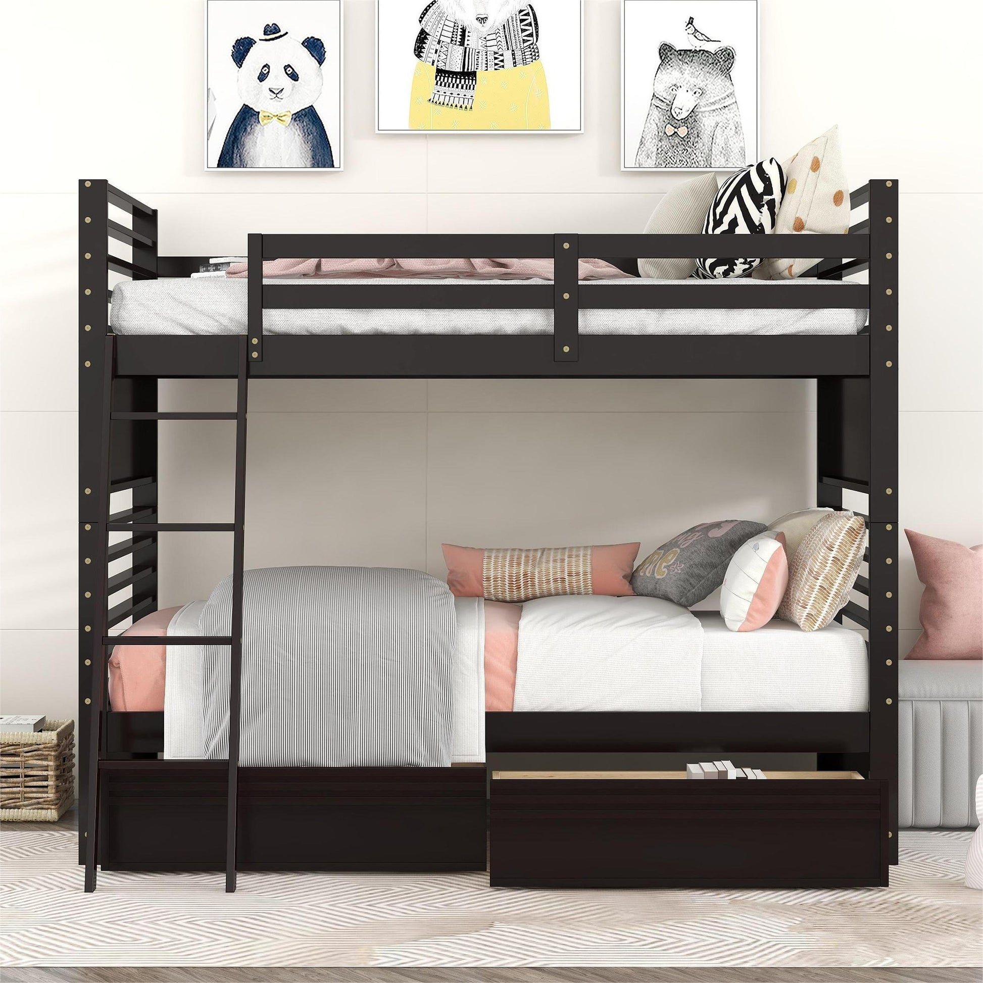 Rachel Twin over Twin Wood Bunk Bed with Two Drawers - Espresso