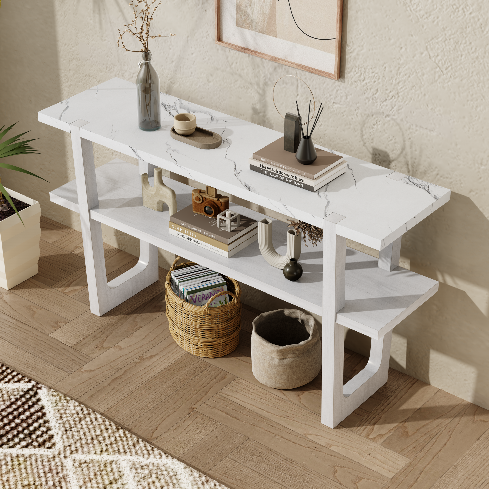 Idalia Elegant Console Table with Faux Marble Top, White