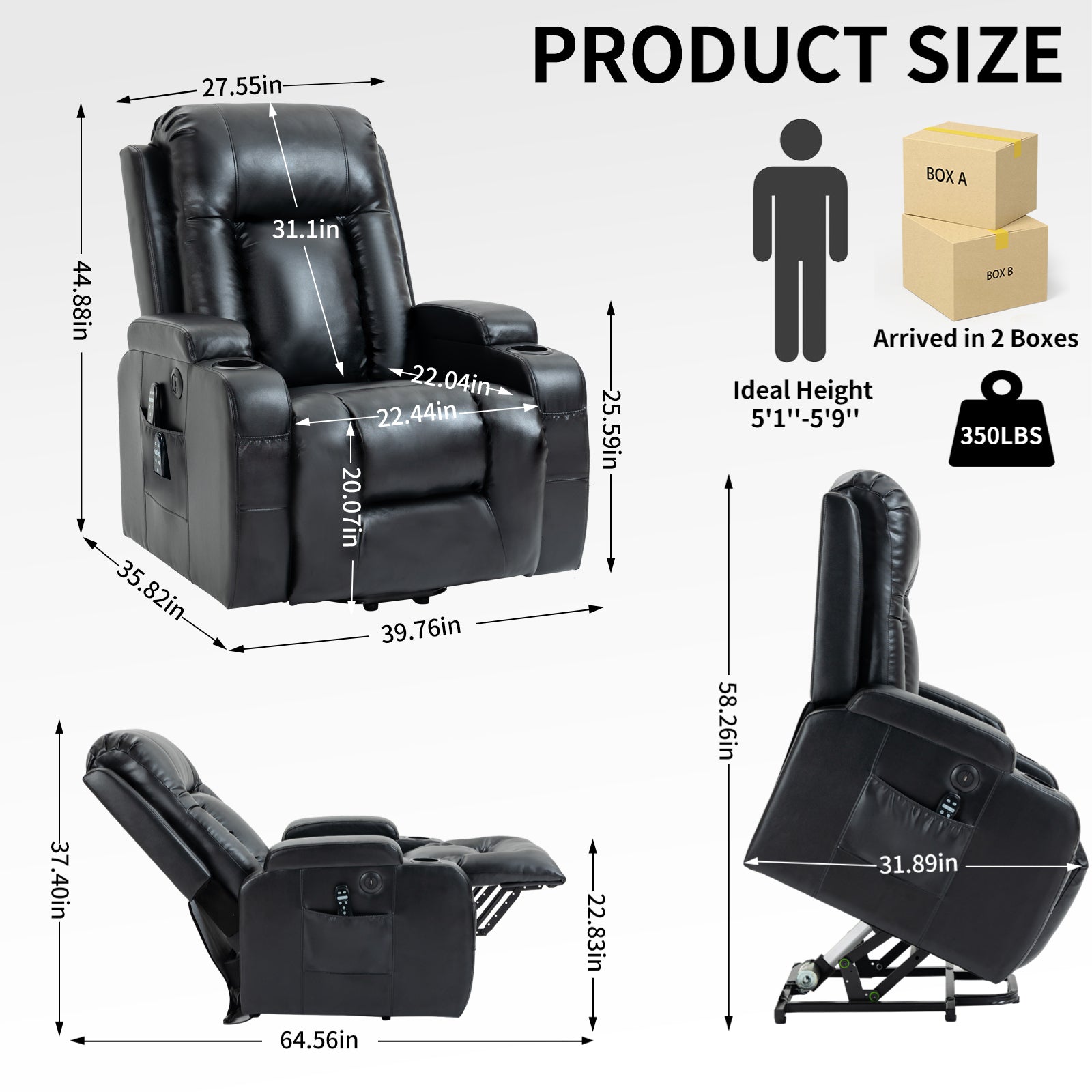 Vespera Faux Leather Power Lift Recliner with Head & Massage, Black