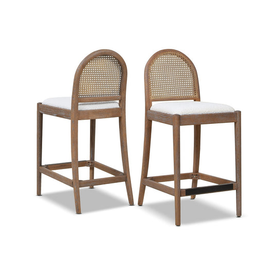 Daphne 26.5' Curved Back Cane Rattan Counter Stool, Set of 2, Ivory White Boucle