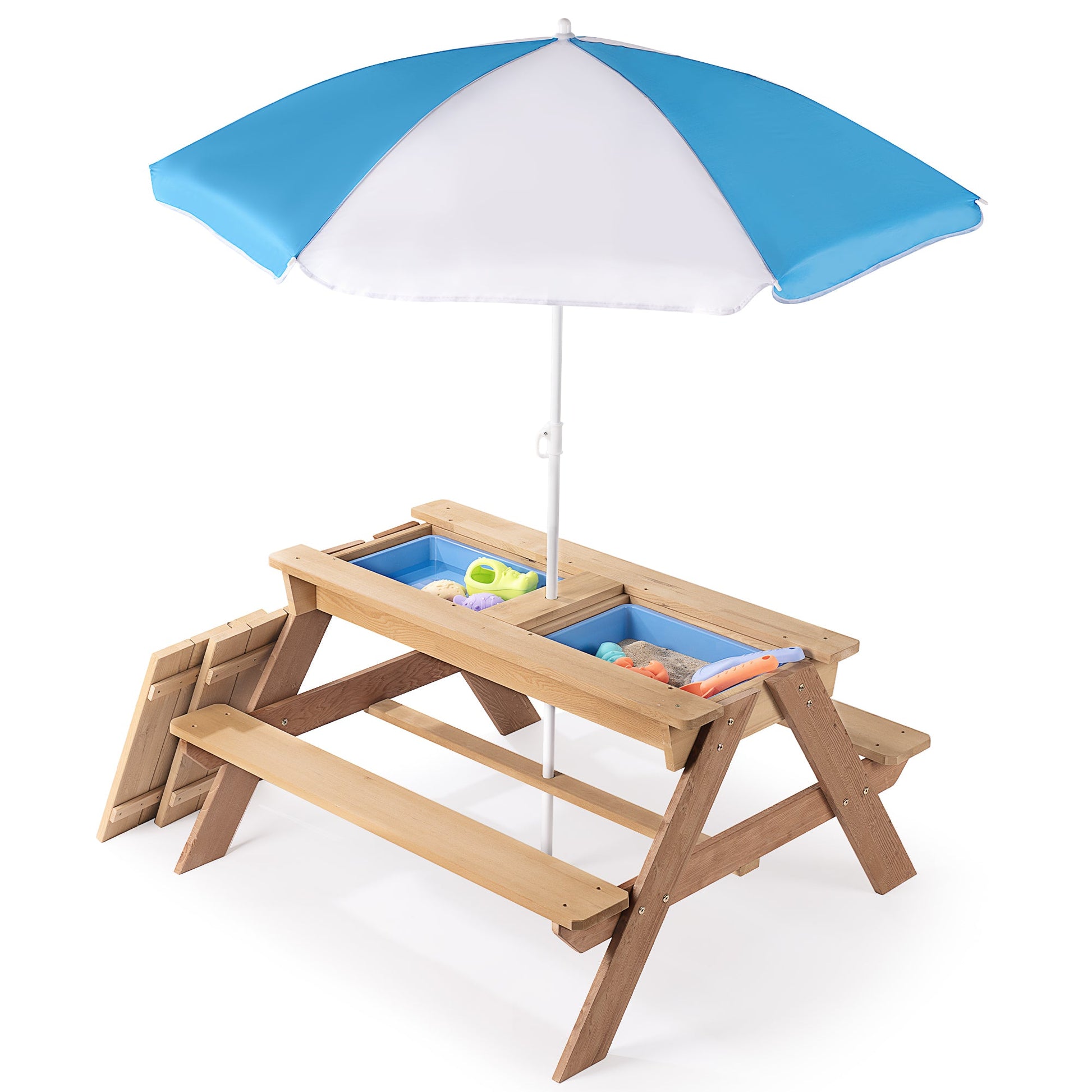 3-in-1 Kids Outdoor Wooden Picnic Table With Umbrella