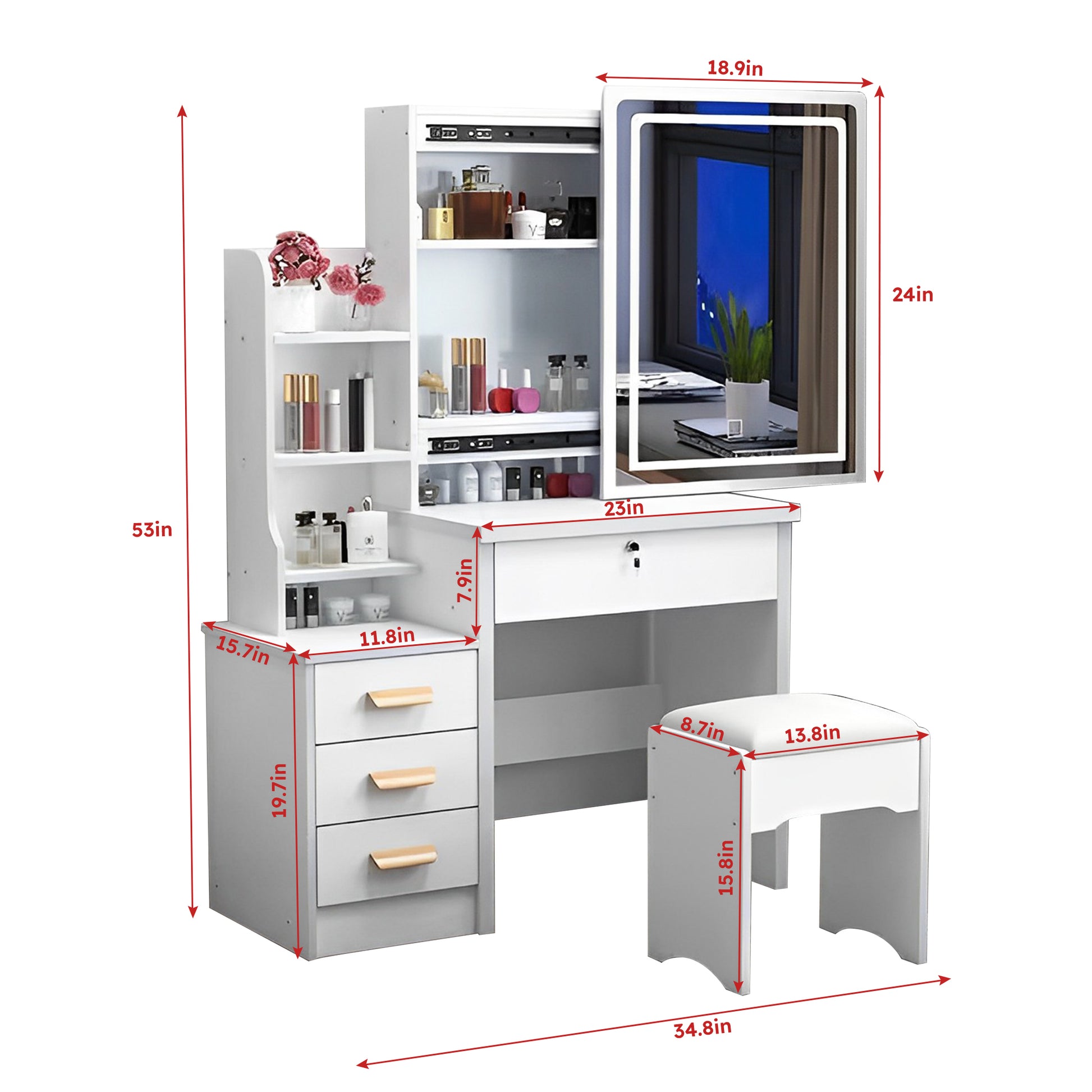 Cyan Vanity Desk with Sliding LED Mirror