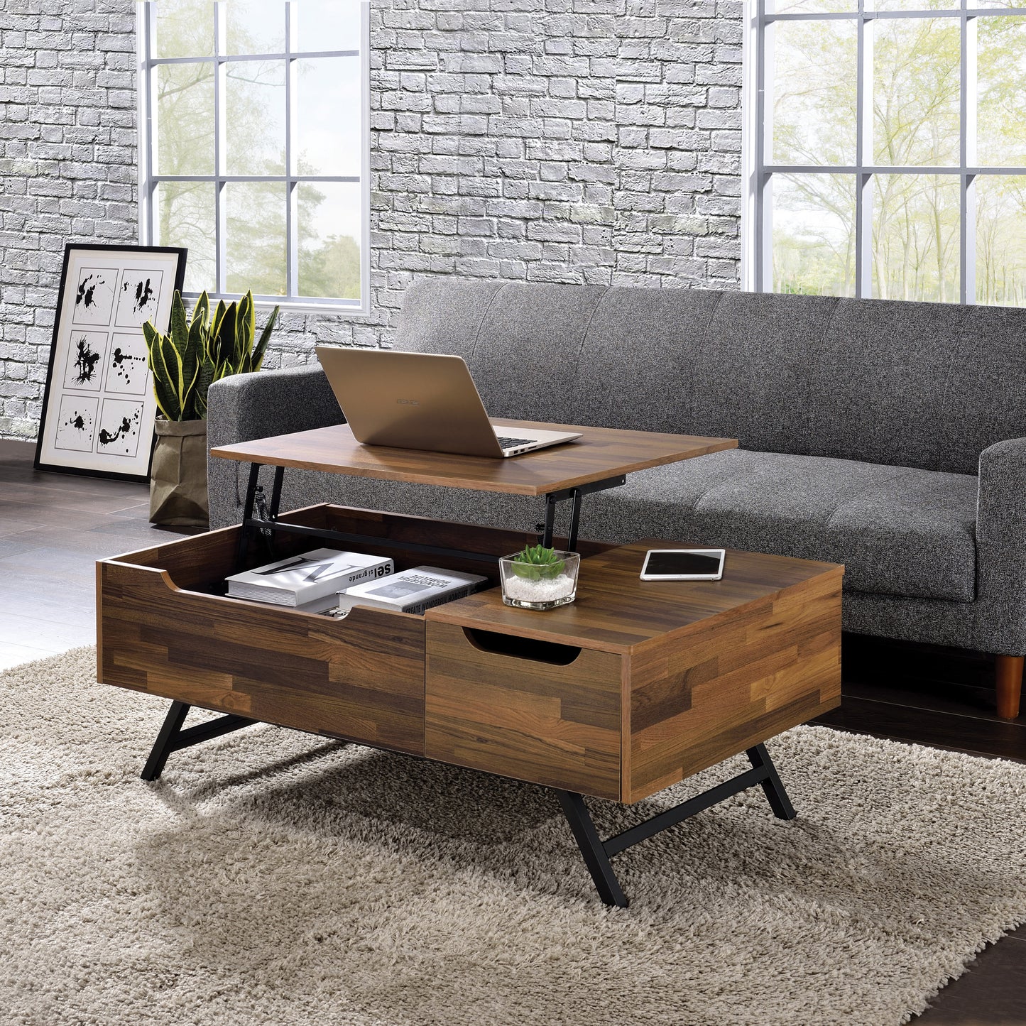 Wally Walnut 1-Drawer Coffee Table with Lift Top