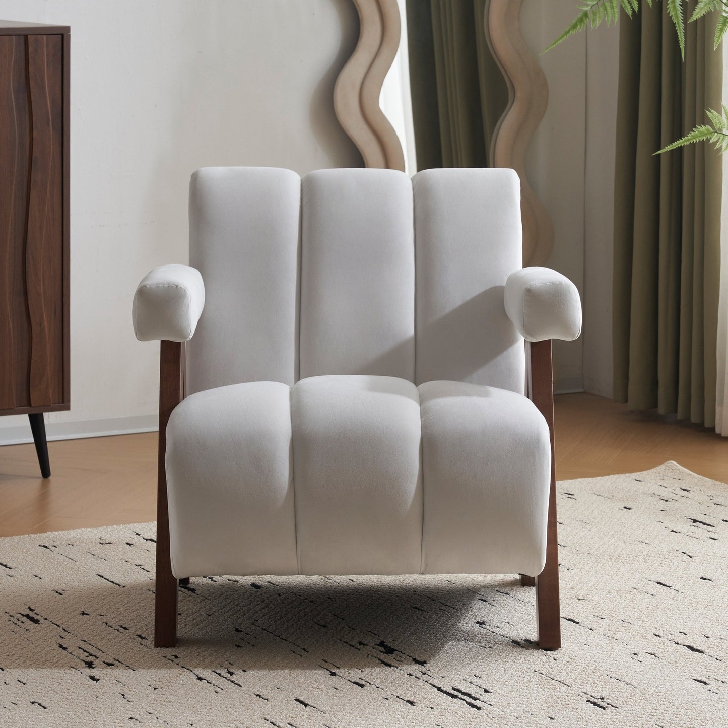 Odalys Elegant Mid-Century Modern Ivory White Velvet Accent Chair