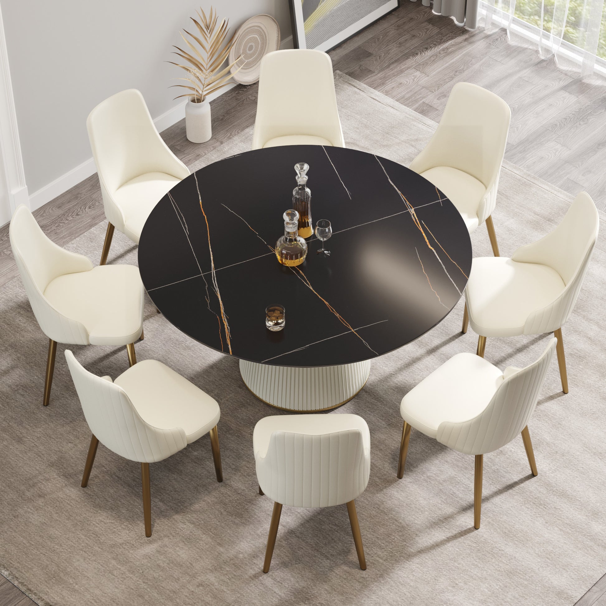 Caspian 59" Round Modern Faux Marble Dining Table, White & Black