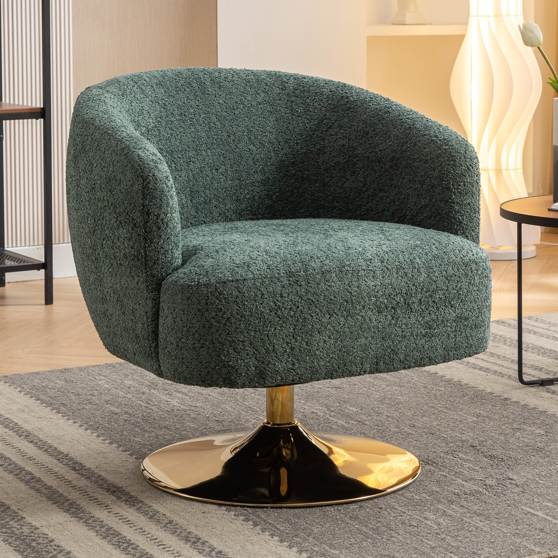 Chenille Fabric Green Accent Swivel Chair With Gold Metal Round Base