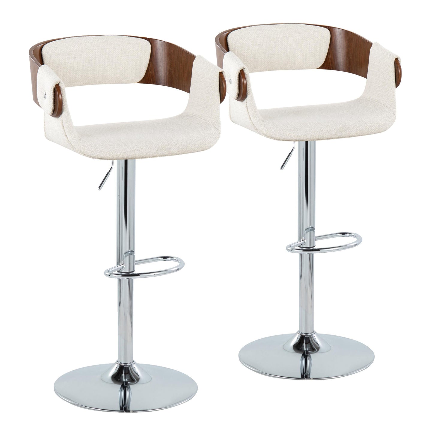 Elisa Mid-Century Modern Adjustable Barstool with Swivel in Chrome Metal, Walnut & Cream Set of 2