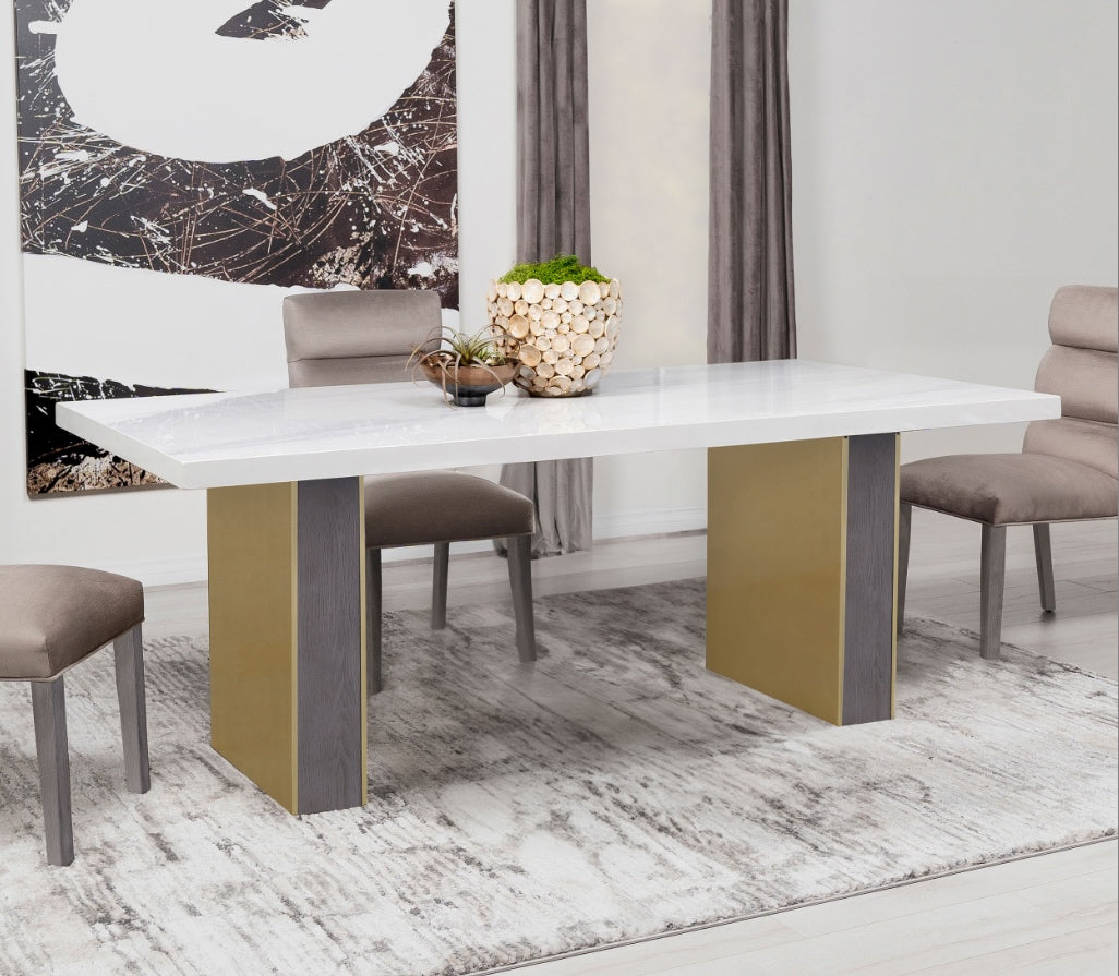 Carla Rectangular Dining Set With Cultured Carrara Marble Top White And Gold