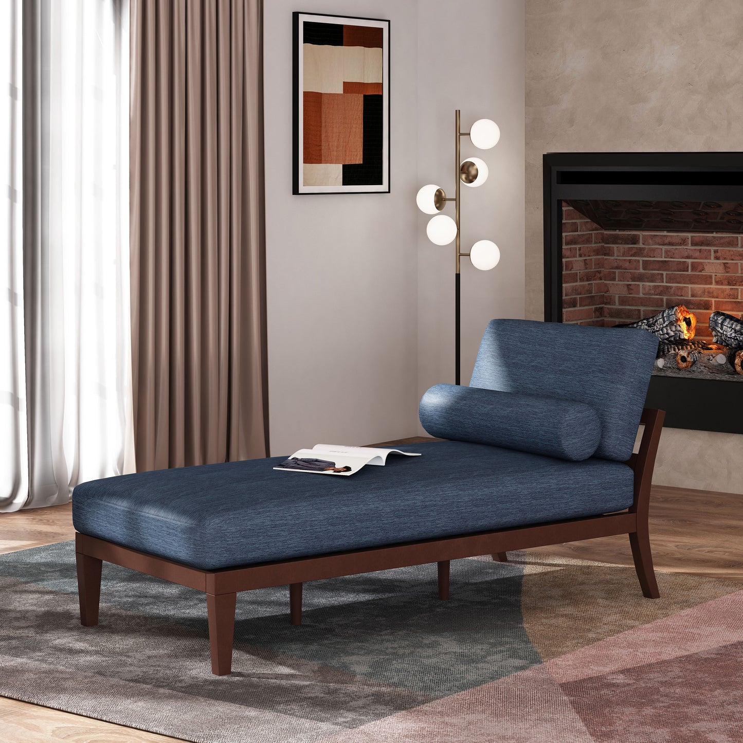 Lucille Mid-Century Modern Chaise Lounge, Blue & Brown