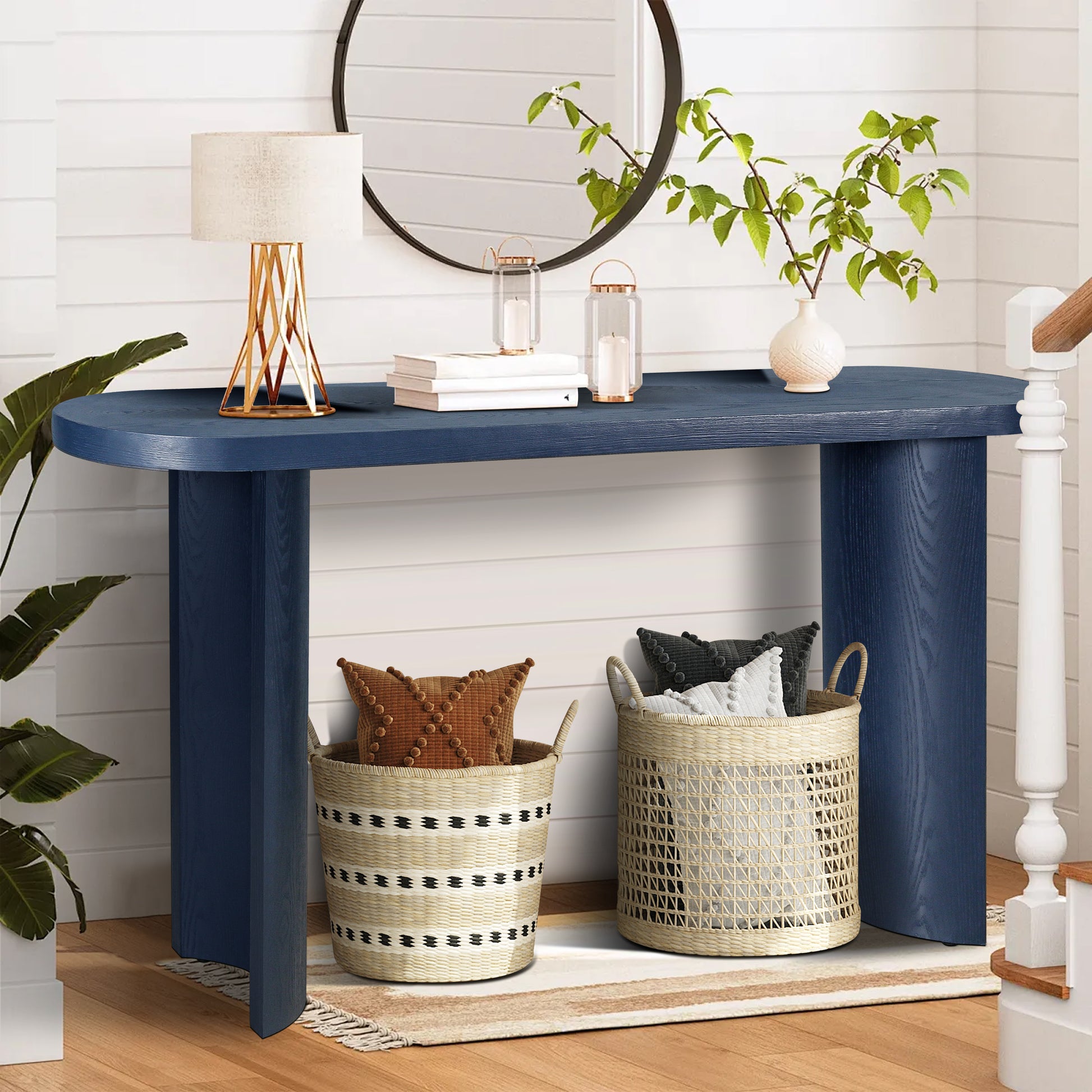 Delfina 60" Wooden Console Table with Curved Legs, Navy Blue