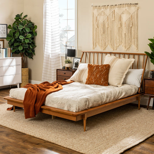 Xavier Mid-Century Modern Solid Wood Queen Platform Bed Frame with Spindle Headboard - Caramel