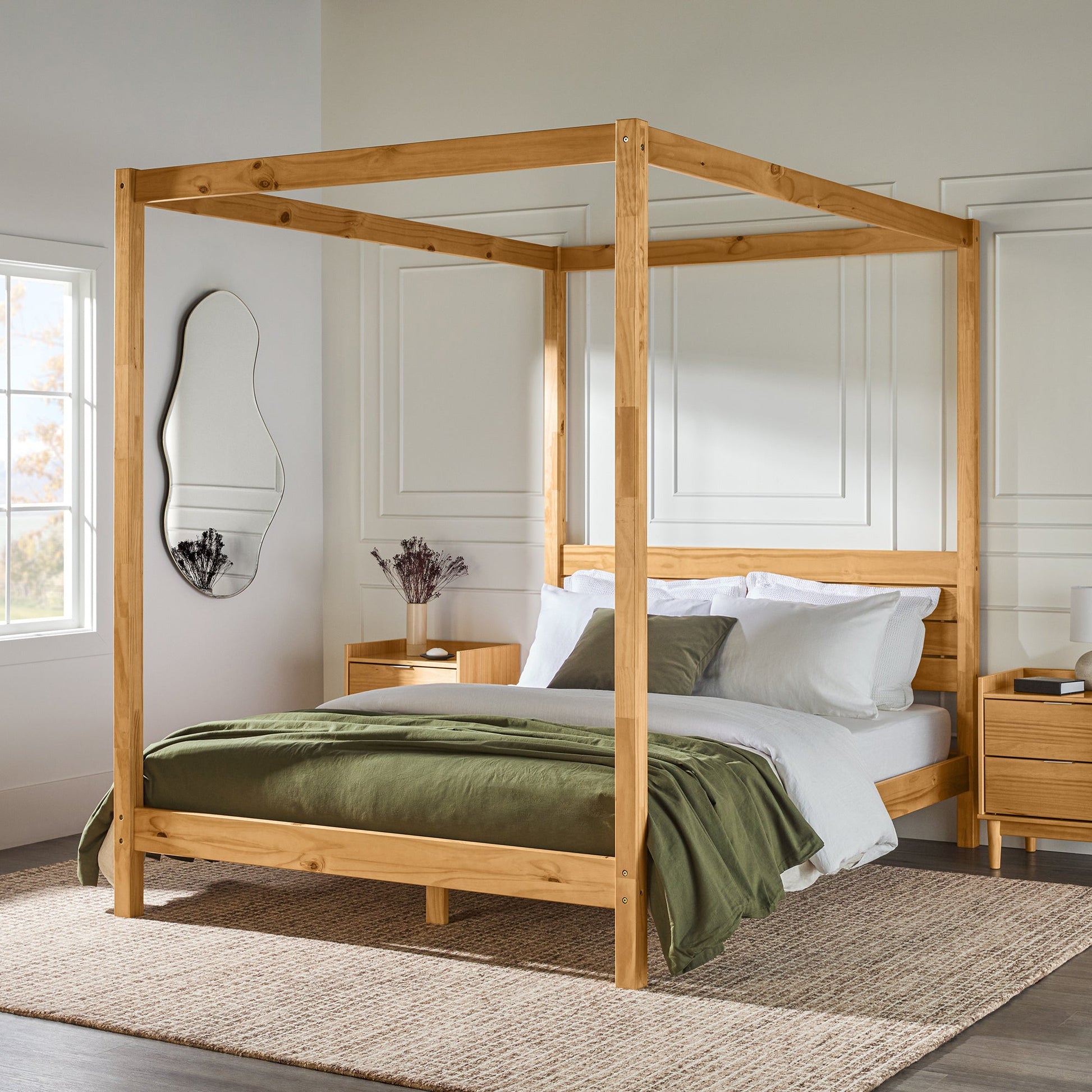 Taylor Modern Minimalist Boho Queen Canopy Bedframe – Natural Pine