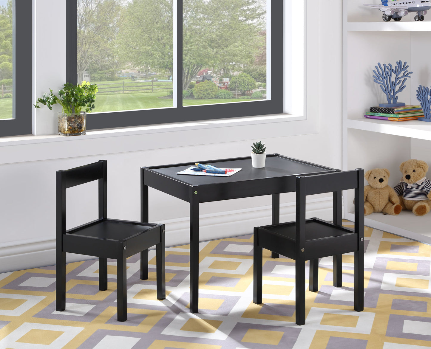 Della 3-Piece Solid Wood Kids Table & Two Chair Set, Black