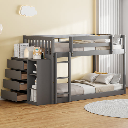 Rachel Twin over Twin Bunk Bed with 4 Drawers and 3 Shelves-Gray