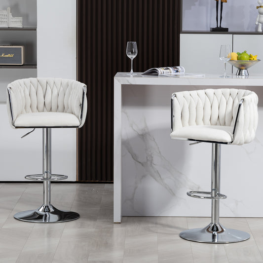 Stylish Fabric 360 Swivel Bar Stools with Woven Back and Adjustable Height Set of 2 Beige