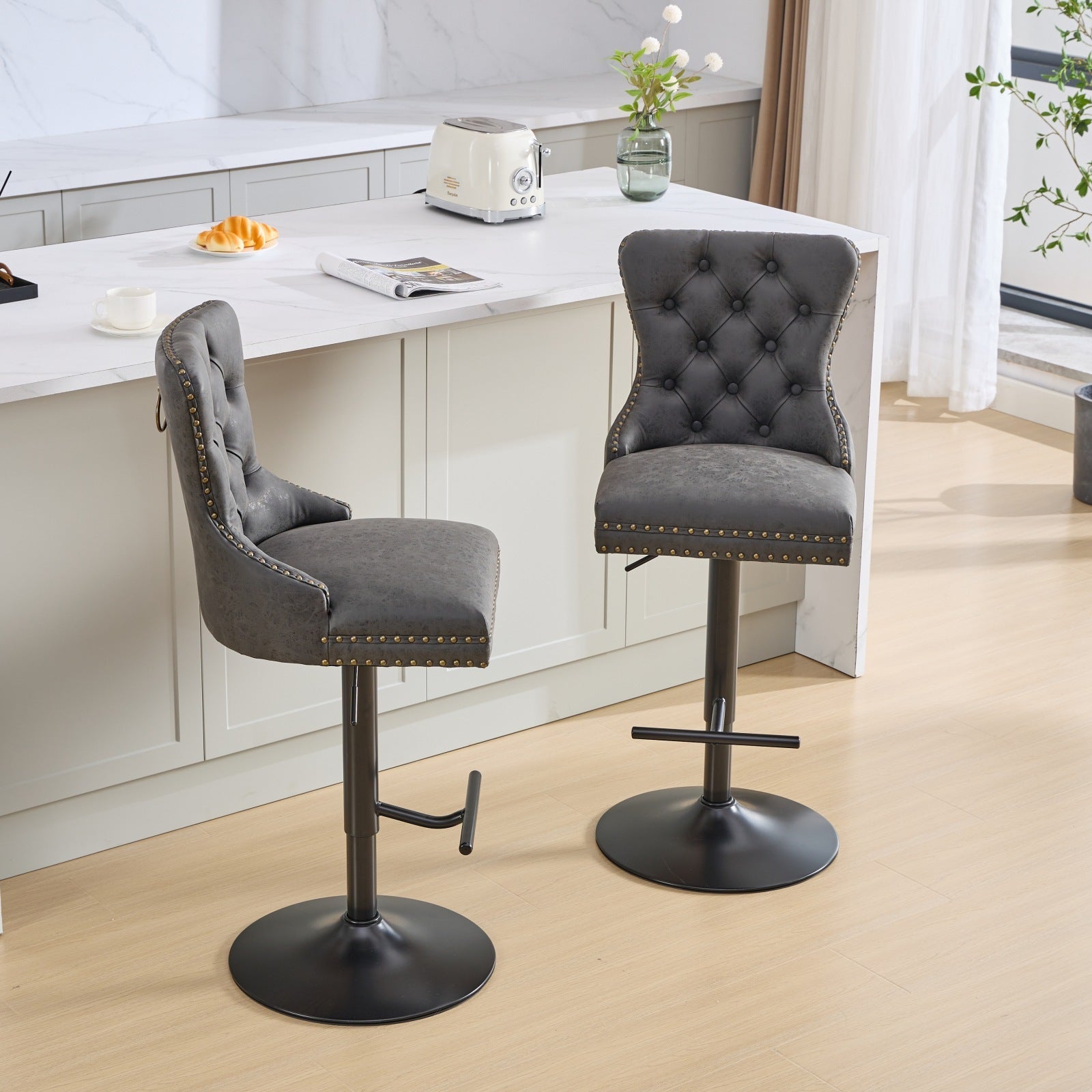 Lenora PU Leather Adjustable Bar Stools with Black Legs Set of 2 Gray