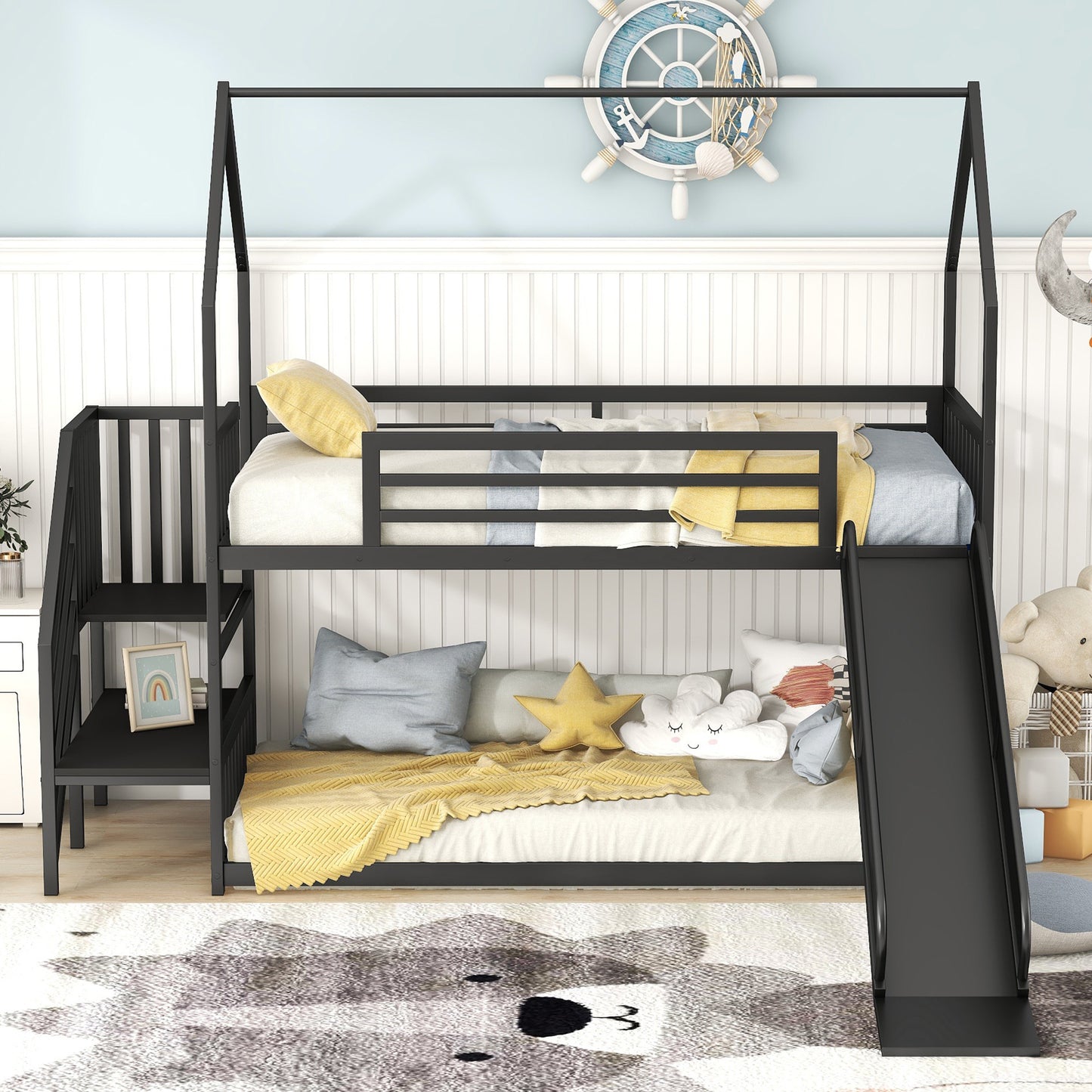 Daniel Twin over Twin Metal Bunk Bed House Bed with Slide and Staircase, Black