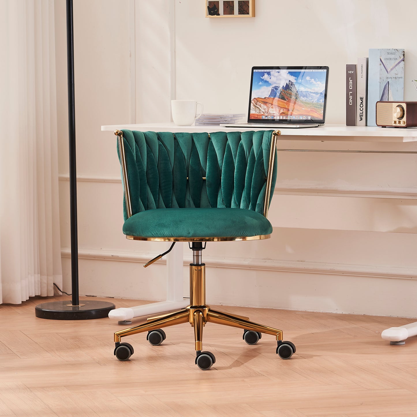 Emme Gold Framed Velvet Office Chair with Gold Base - Emerald