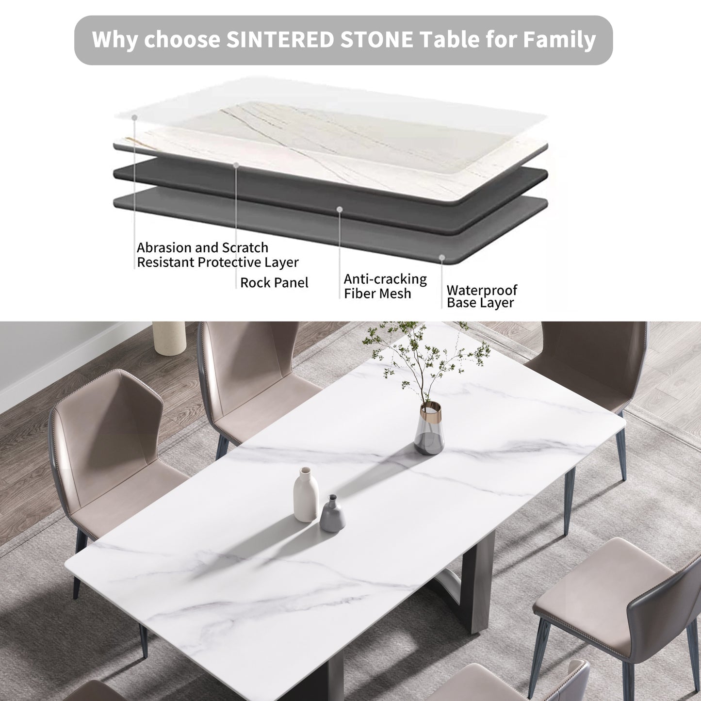 Elara Modern 70.8" Sintered Stone Dining Table, White & Black