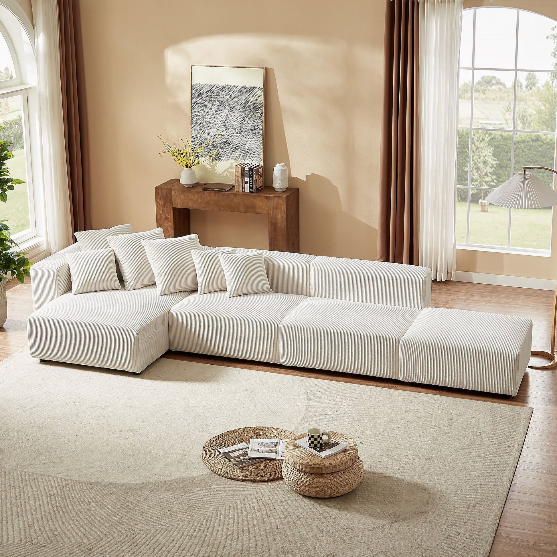 Garrick Modern Corduroy Upholstered 4-Piece Modular Sectional, Beige