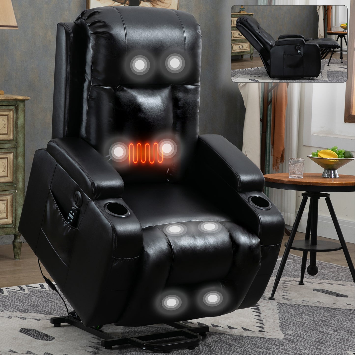 Vespera Faux Leather Power Lift Recliner with Head & Massage, Black