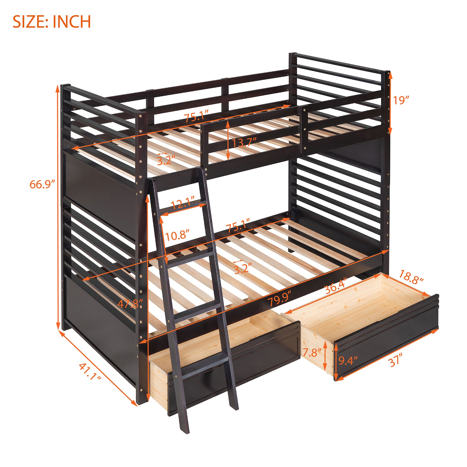 Rachel Twin over Twin Wood Bunk Bed with Two Drawers - Espresso