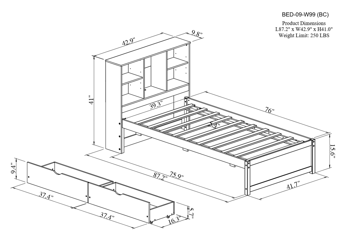 Emberly Modern Twin Size Bed Platform Bed with Bookcase Headboard & Trundle