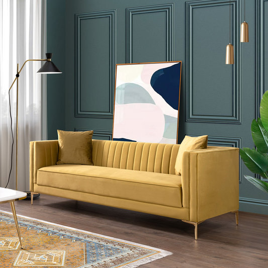 Angelina 91" Modern Velvet Upholstered Sofa, Mustard Yellow