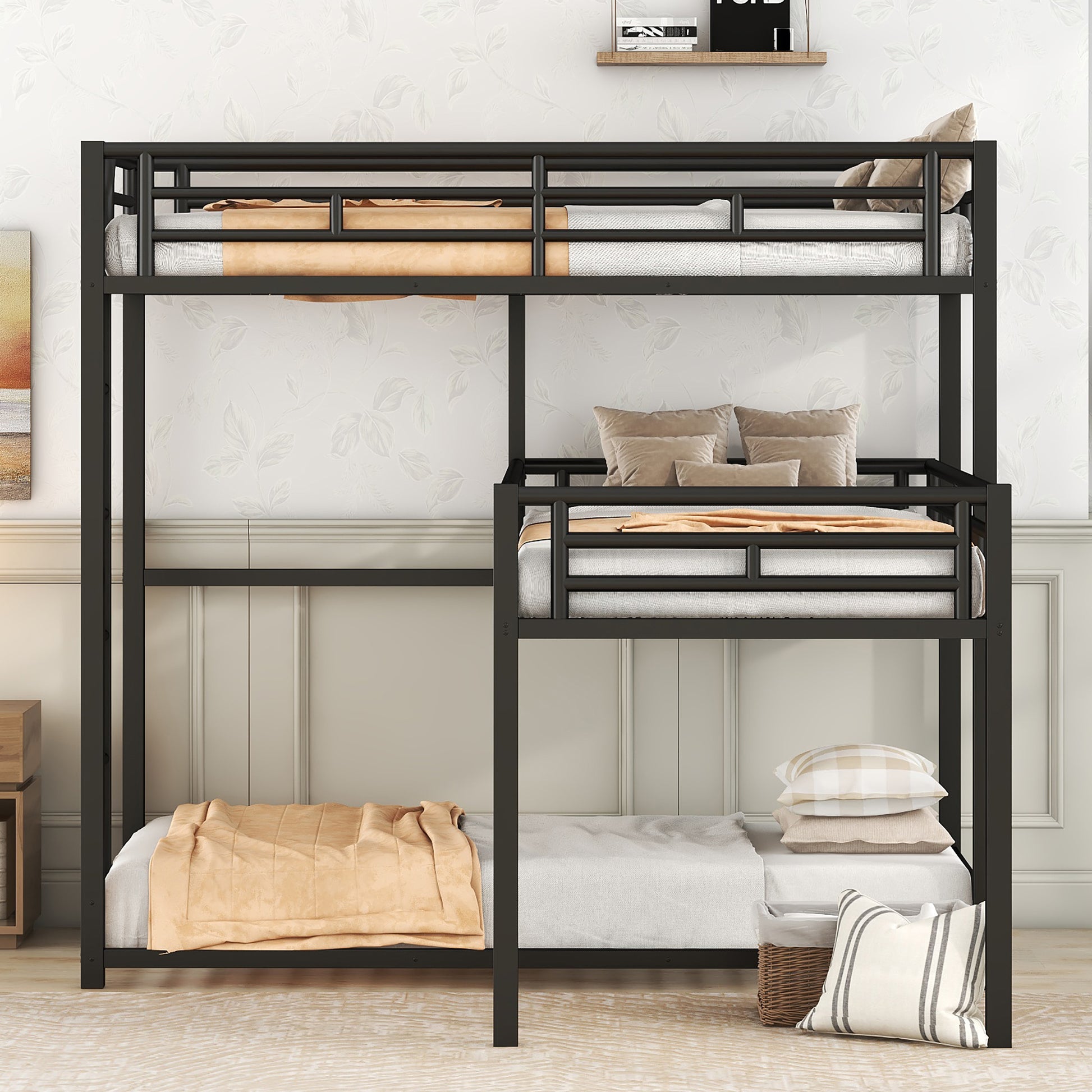 Brooks L-shaped Metal Triple Twin Size Bunk Bed, Black