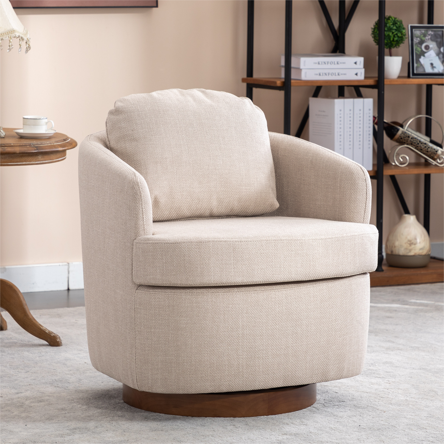 Barley Linen Swivel Accent Chair with Wooden Base - Beige