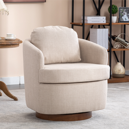 Barley Linen Swivel Accent Chair with Wooden Base - Beige