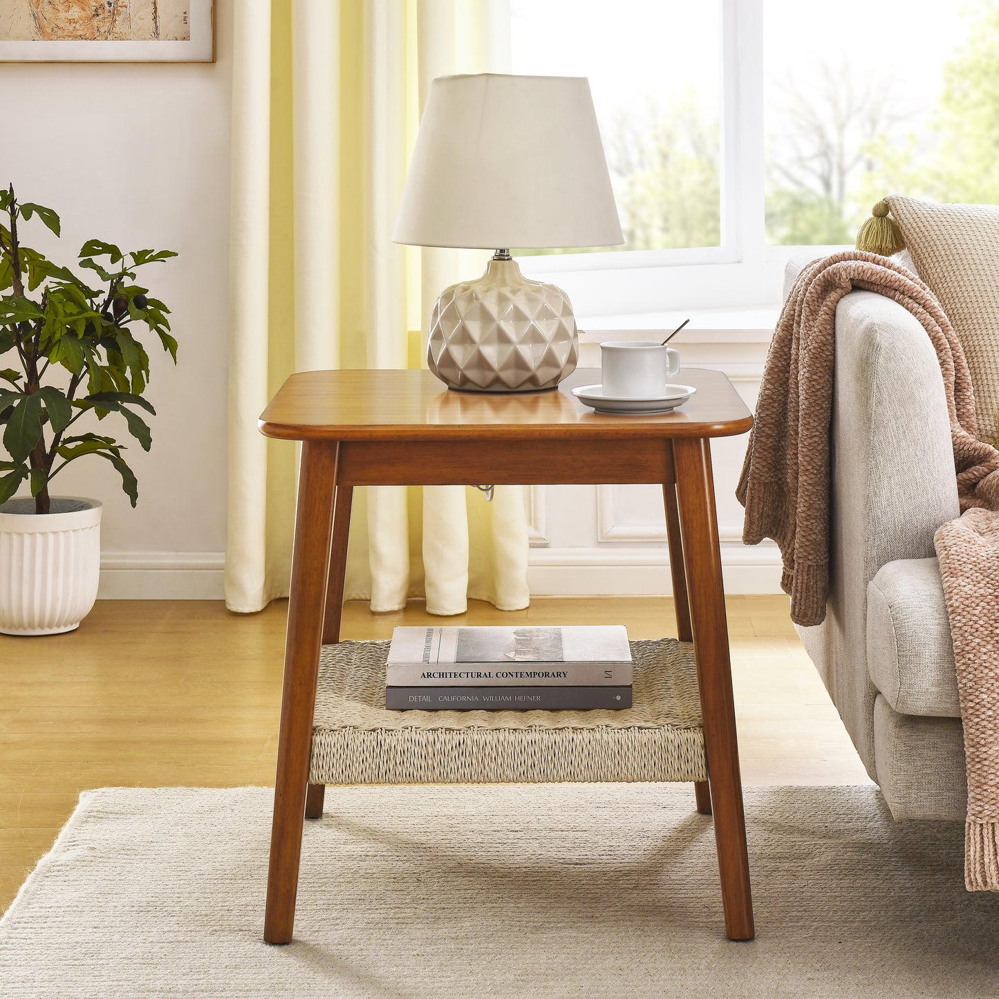 Gretta Mid-Century Modern Side Table with Woven Shelf, Walnut