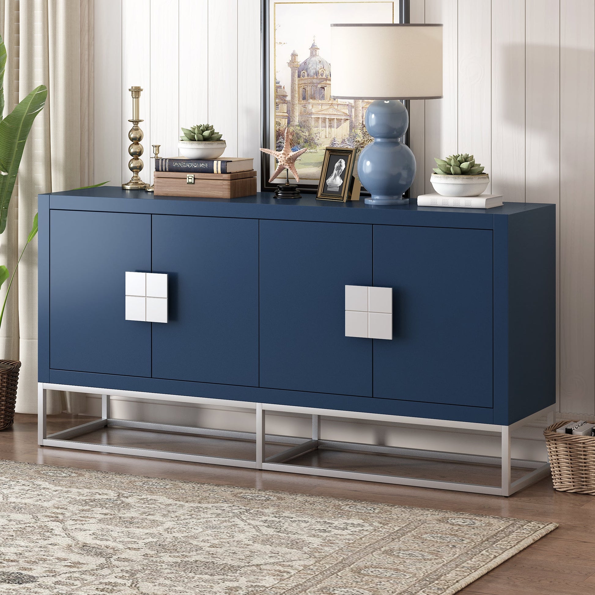 Basil Contemporary Accent Cabinet with Silver Legs, Navy