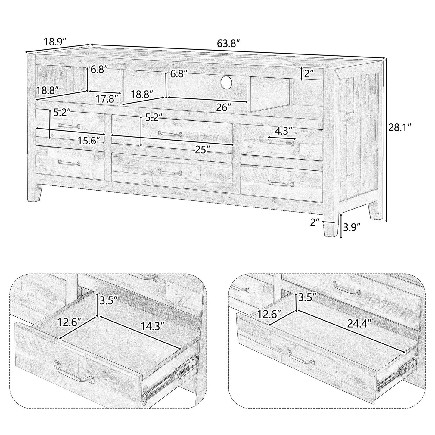 Callista 64' Retro Wooden TV Stand with 6 Drawers & 3 Shelves