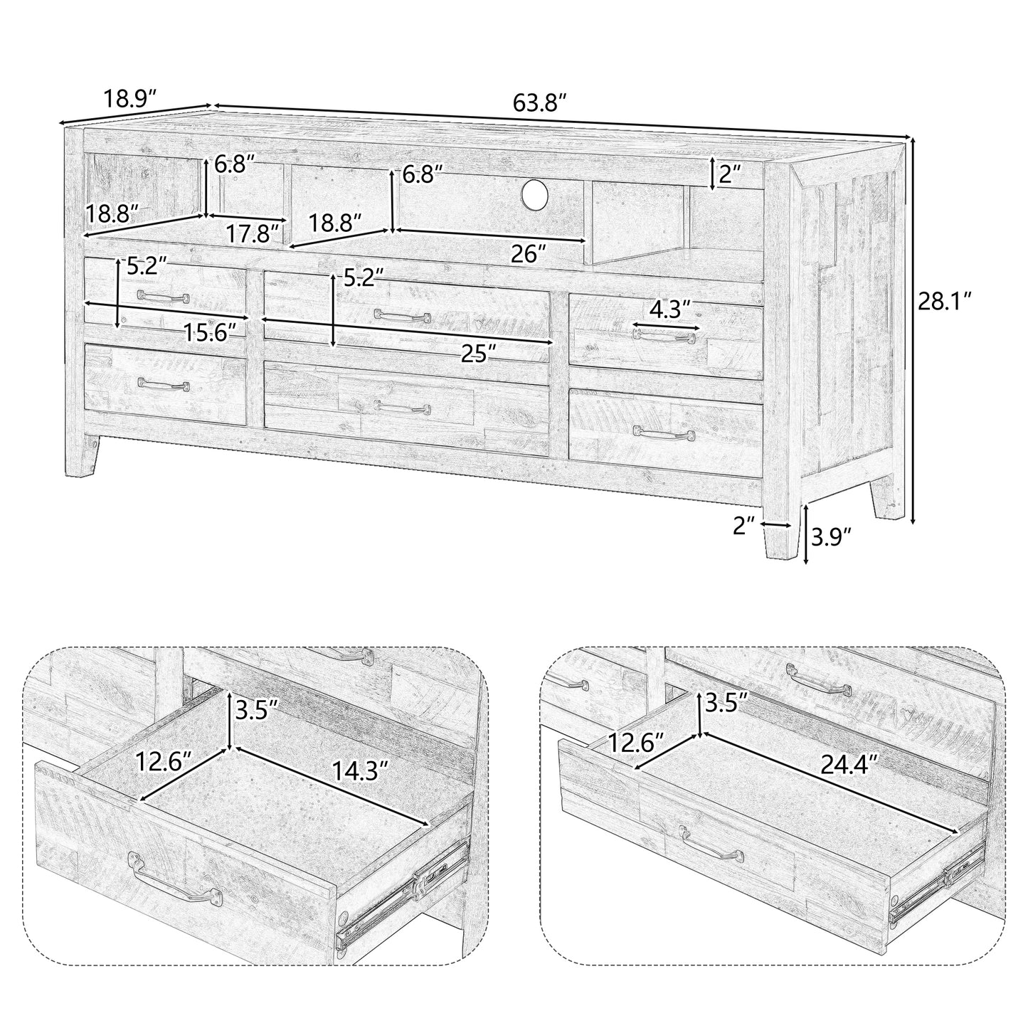 Callista 64' Retro Wooden TV Stand with 6 Drawers & 3 Shelves