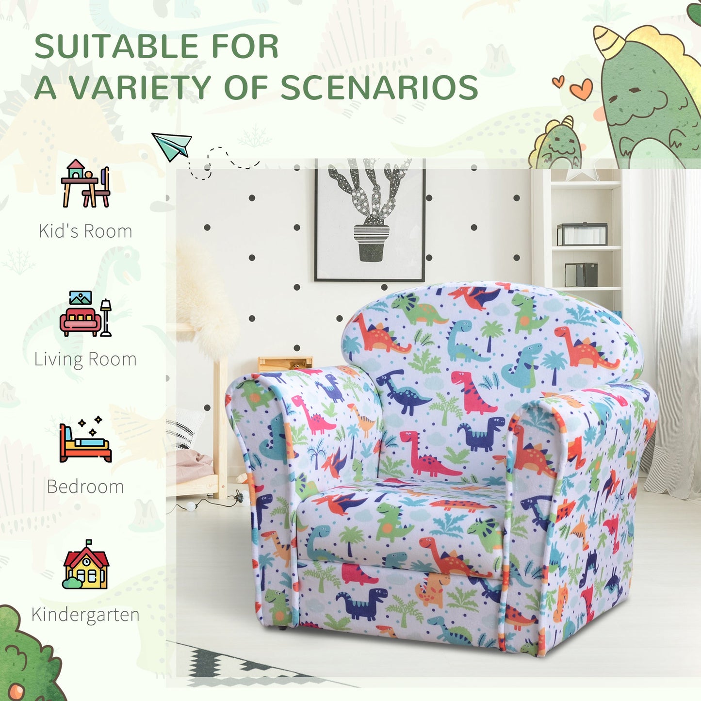 Paula Kid's Sofa Chair with Dinosaur Design and Thick Padding