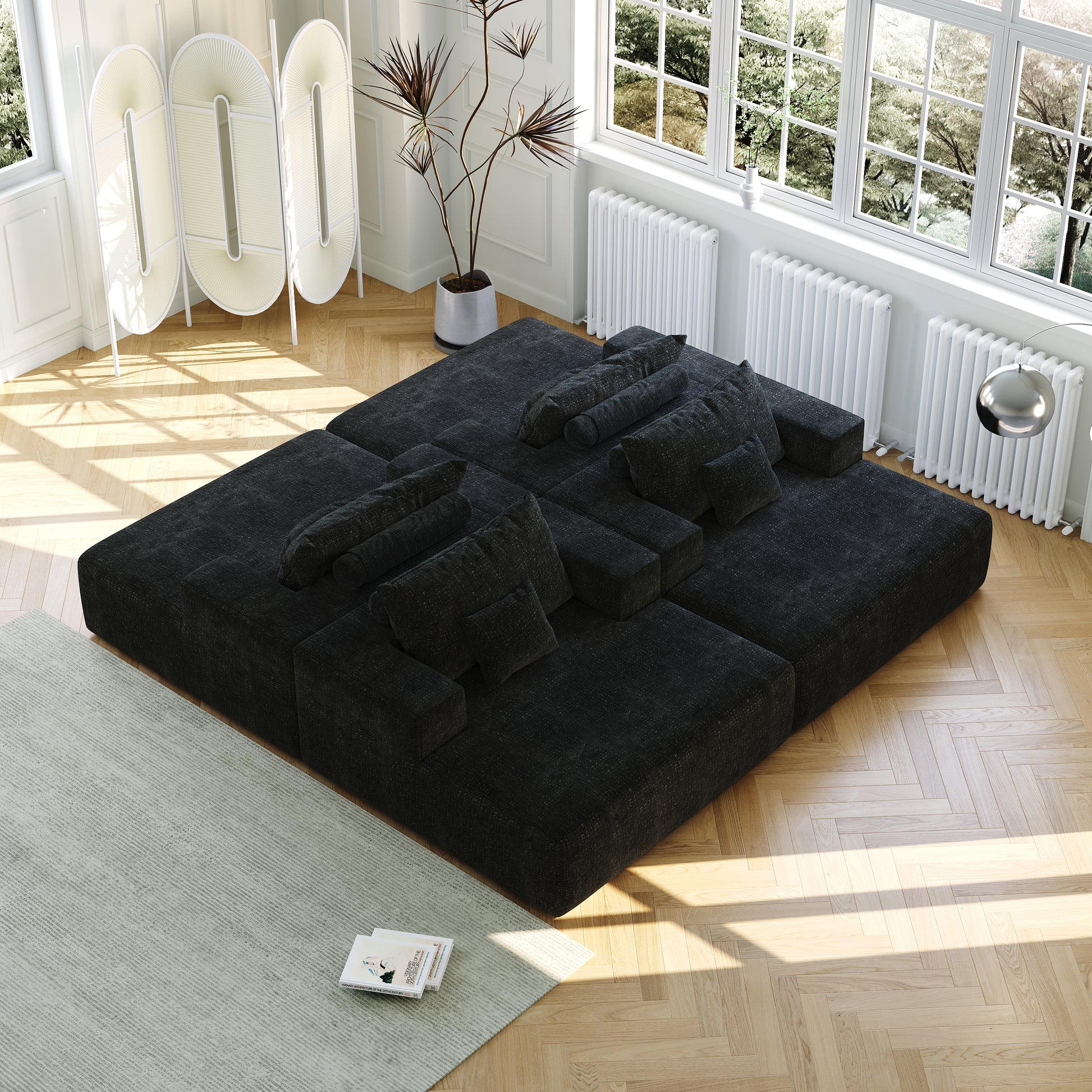 50-inch Chenille Sponge Sofa Lounge Black Fluffy Modern Sleeper Chair