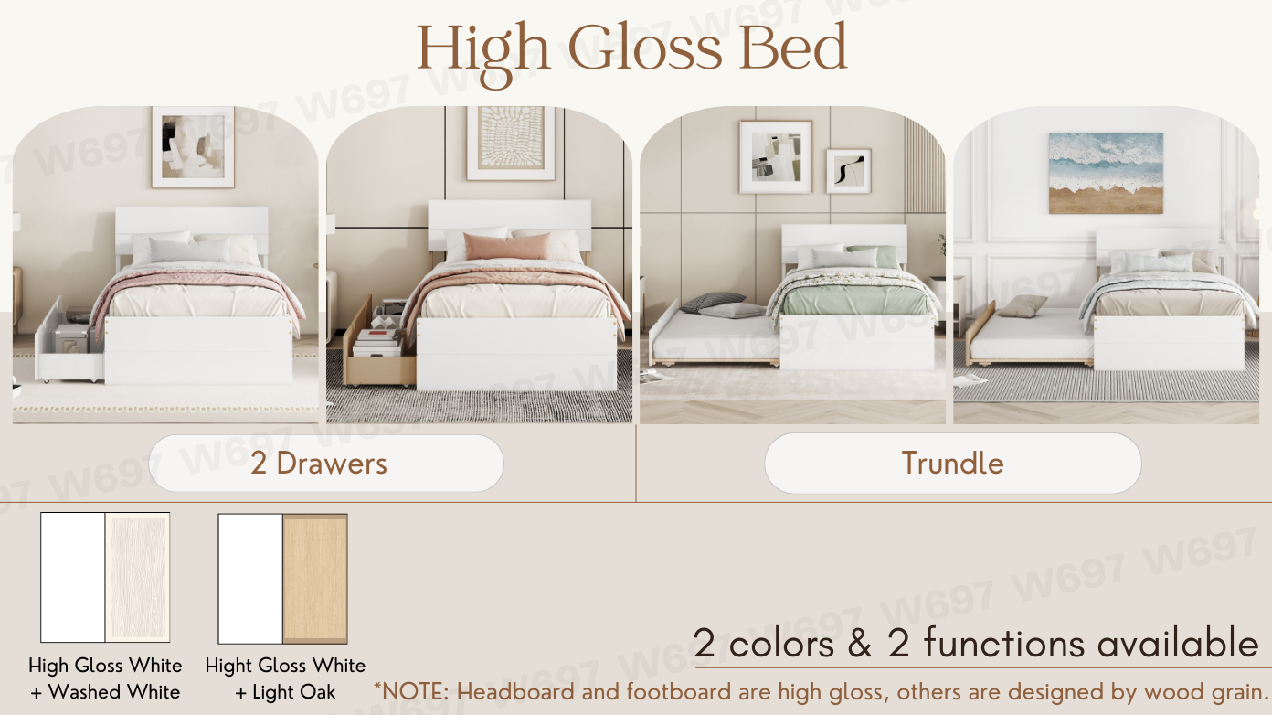 Juniper Modern Twin Bed Frame For White High Gloss Headboard and Footboard With Light Oak Trundle