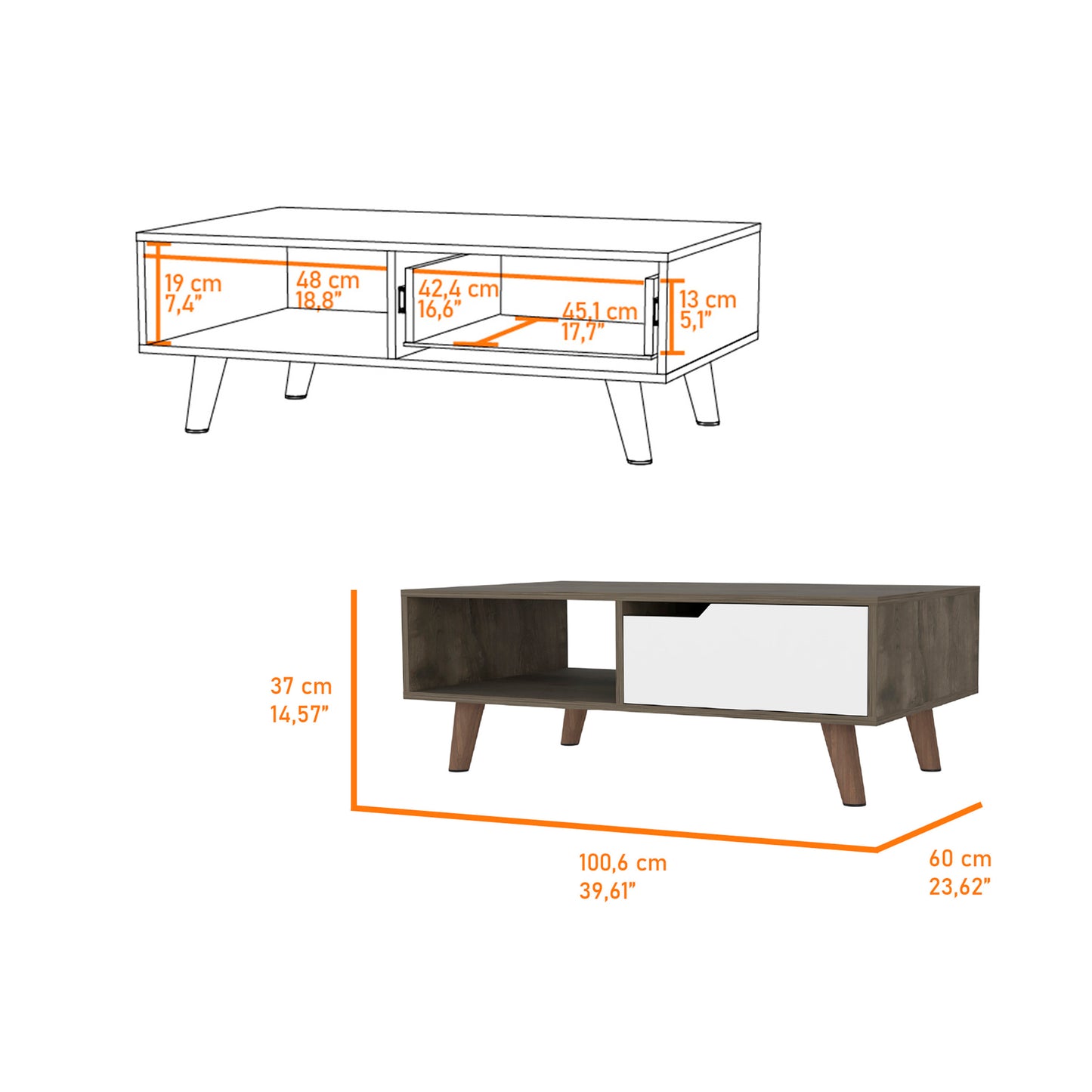 Dark Brown and White 1-Drawer 1-Shelf Rectangle Coffee Table