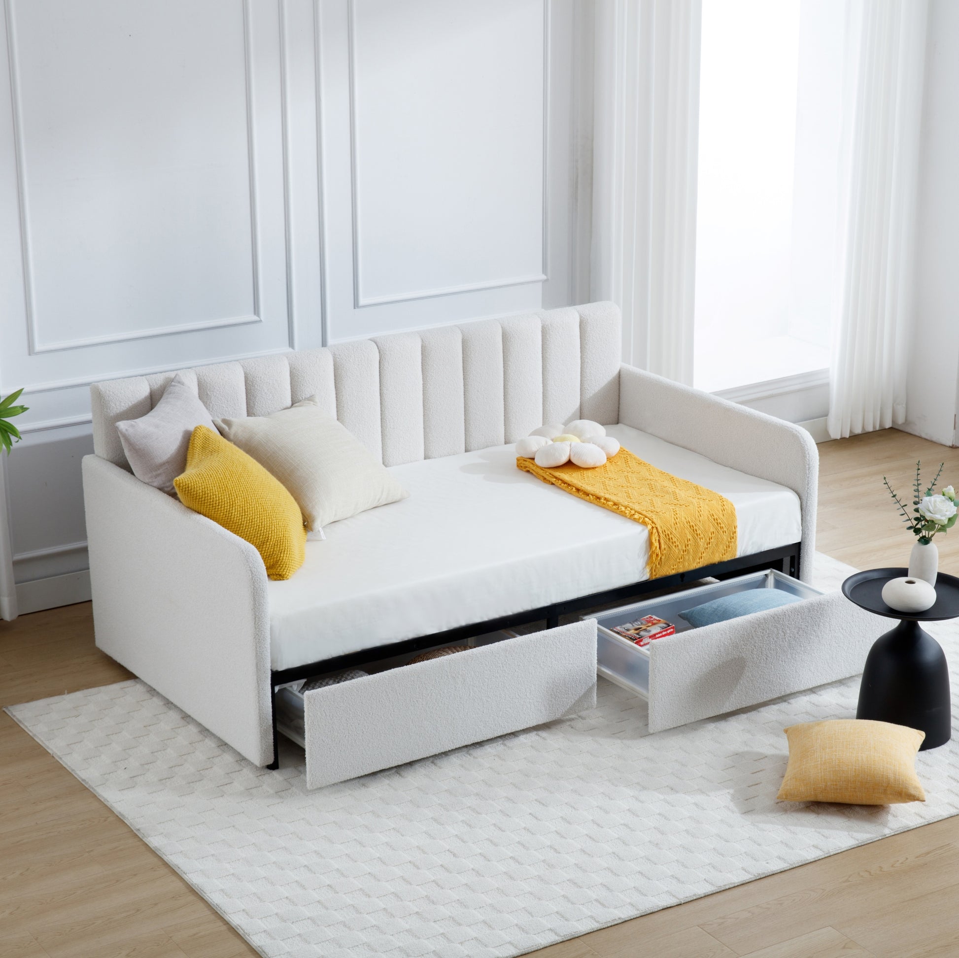 Flora Modern Ivory Boucle Upholstered Twin Daybed with 2 Drawers