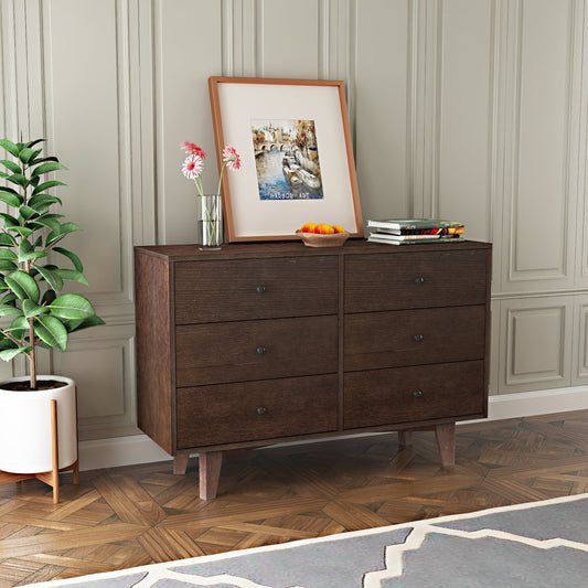 Indie Mid-Century Modern 6-Drawer Cabinet with Solid Wood Legs & Round Knobs, Auburn